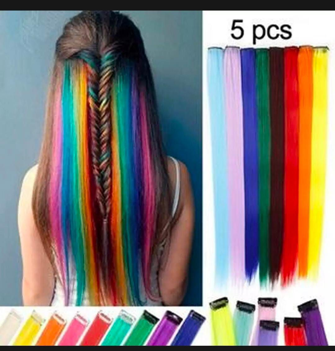 5 pcs hair clip extension strips / rainbow colors extension 5pcs