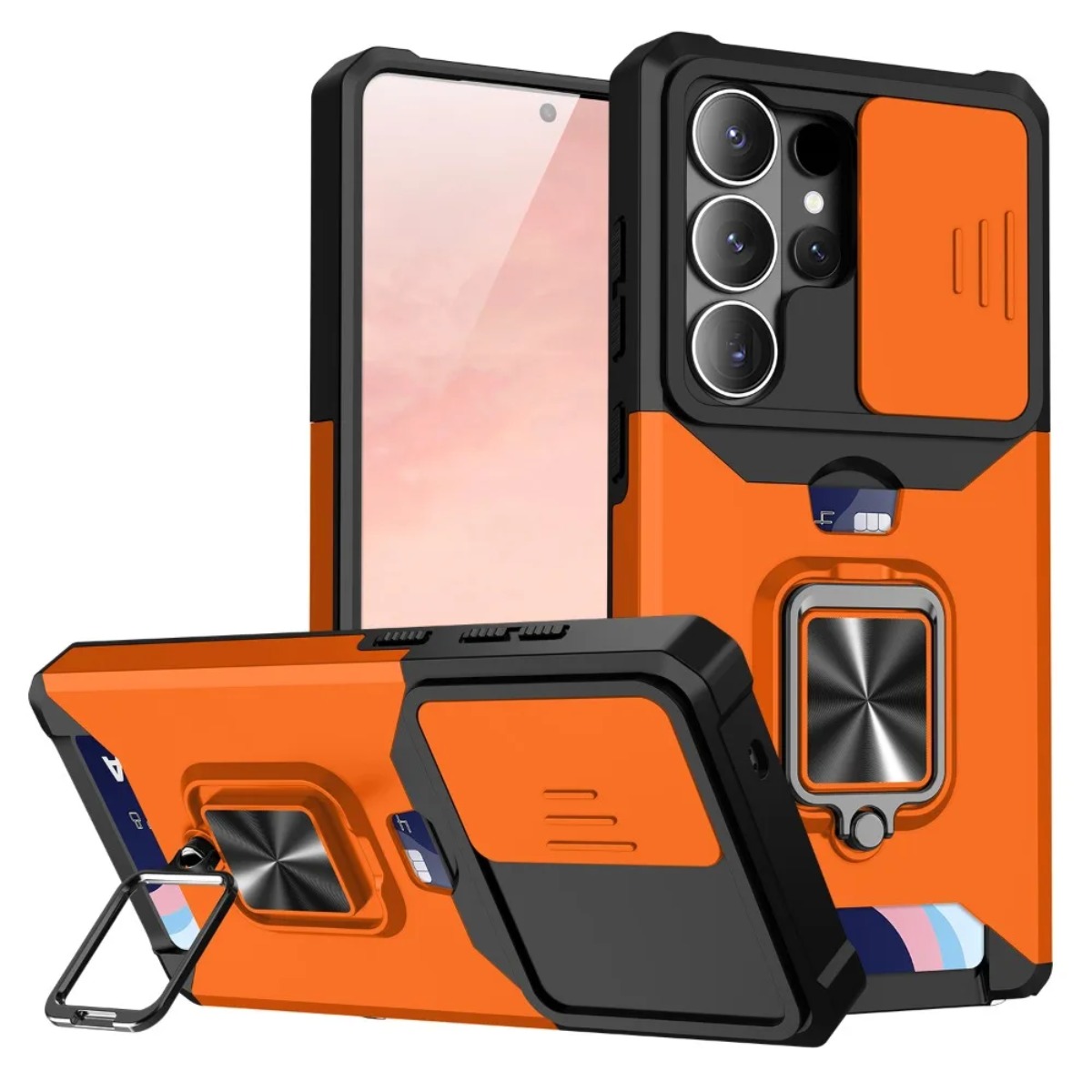 Card Slot Ring Holder Phone Case with Slide Camera Cover For   S26 Ultra S25 Edge S24 Plus S23 S22 S21 FE A57 A37