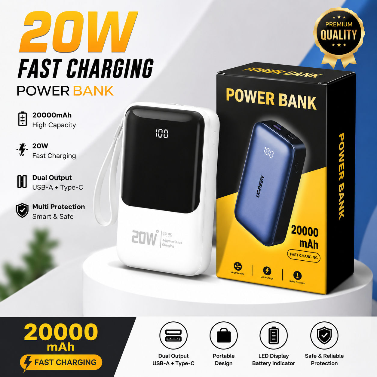 UGREEN 20000mAh Power Bank Fast Charging | Dual USB Output LED Display Portable Charger for Andriod