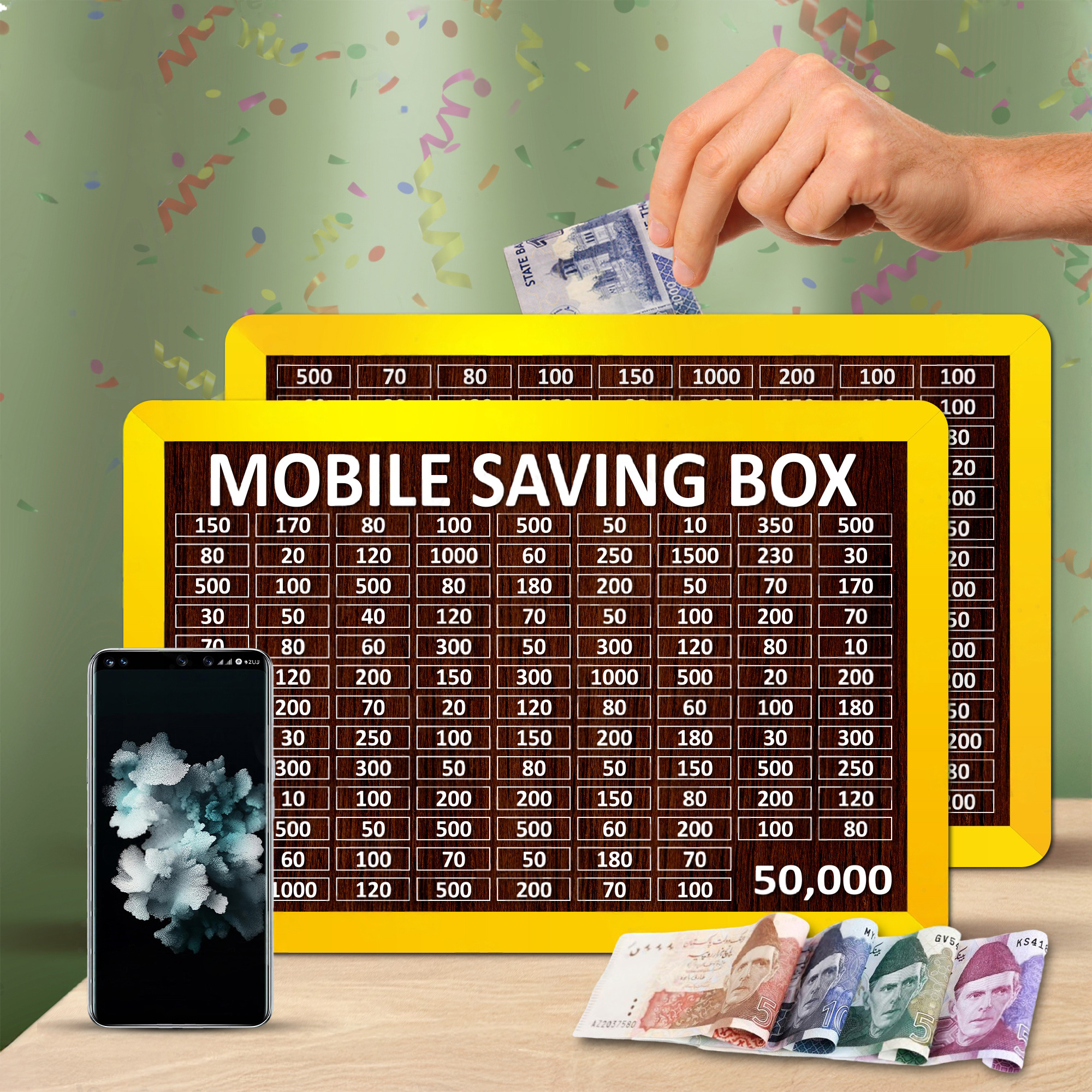 50,000 PKR Target Wooden Money Box with Daily Savings Tracker