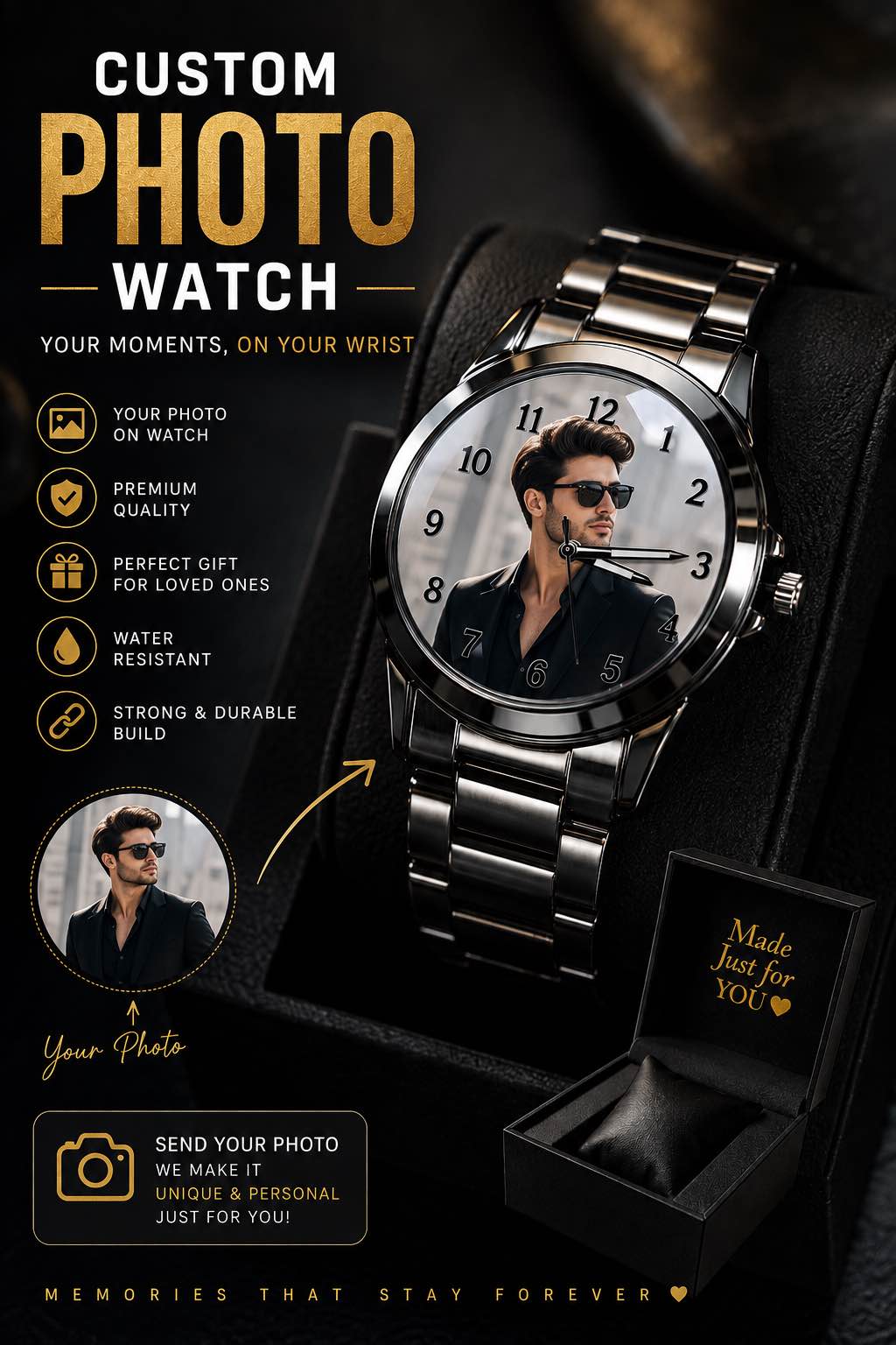 Custom Photo Watch for Men | Personalized Photo Wrist Watch | Stainless Steel Strap | Custom Picture Watch | Unique Gift for Men
