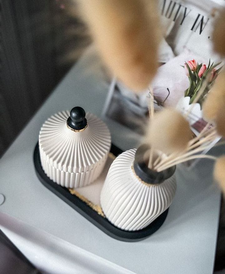3 Pcs Set of Home Decor  1x Ribbed Concrete Mini Flower Vase, 1x Ribbed Concrete Trinket Jewellery Storage Box & 1x Oval Shaped Concrete Trinket Tray  Storage & Organisation  Decorative Accents  Jewellery Armoires & Boxes  Gift Sets