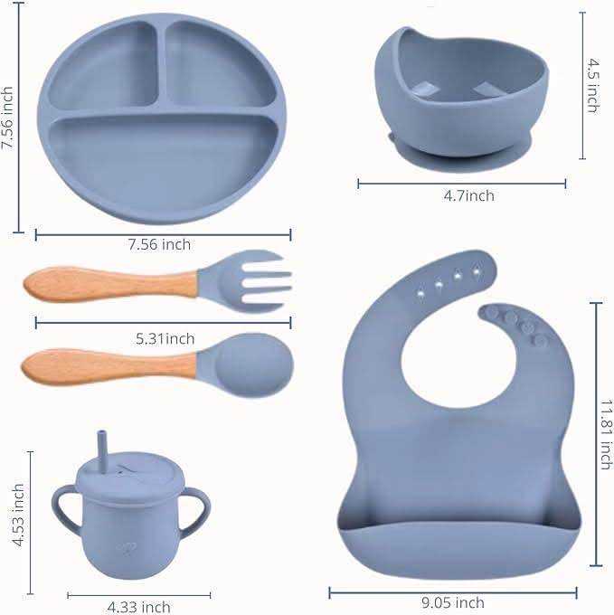 Baby Feeding Set Silicone Tableware Set | Kids Bowl Fork Spoon Bib Partition Plate | Baby Food Feeding Kit