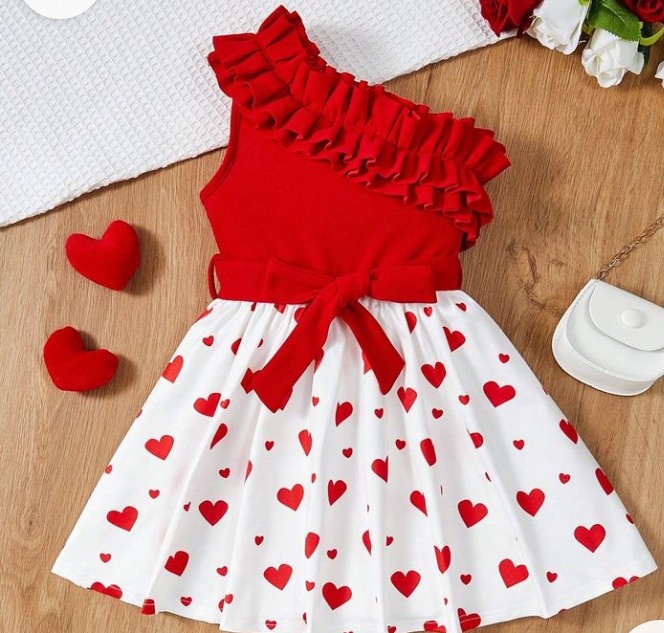 baby girl red oblique shoulder heart ❤️ print frock
