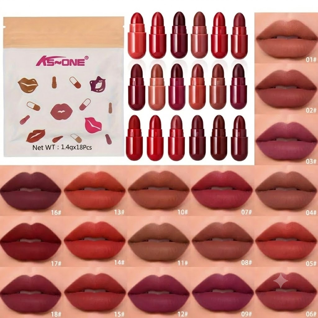(KS-ONE) 18 Colors Mini Capsule Lipstick Long-Lasting Matte Capsule Lipstick