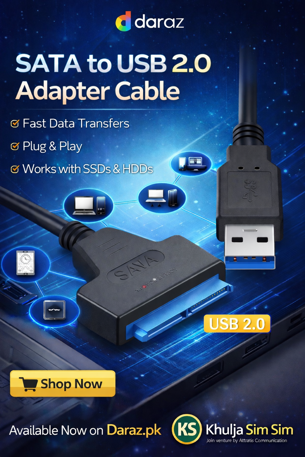 SATA to USB 2.0 Cable for 2.5 Inch External HDD SSD Hard Drive