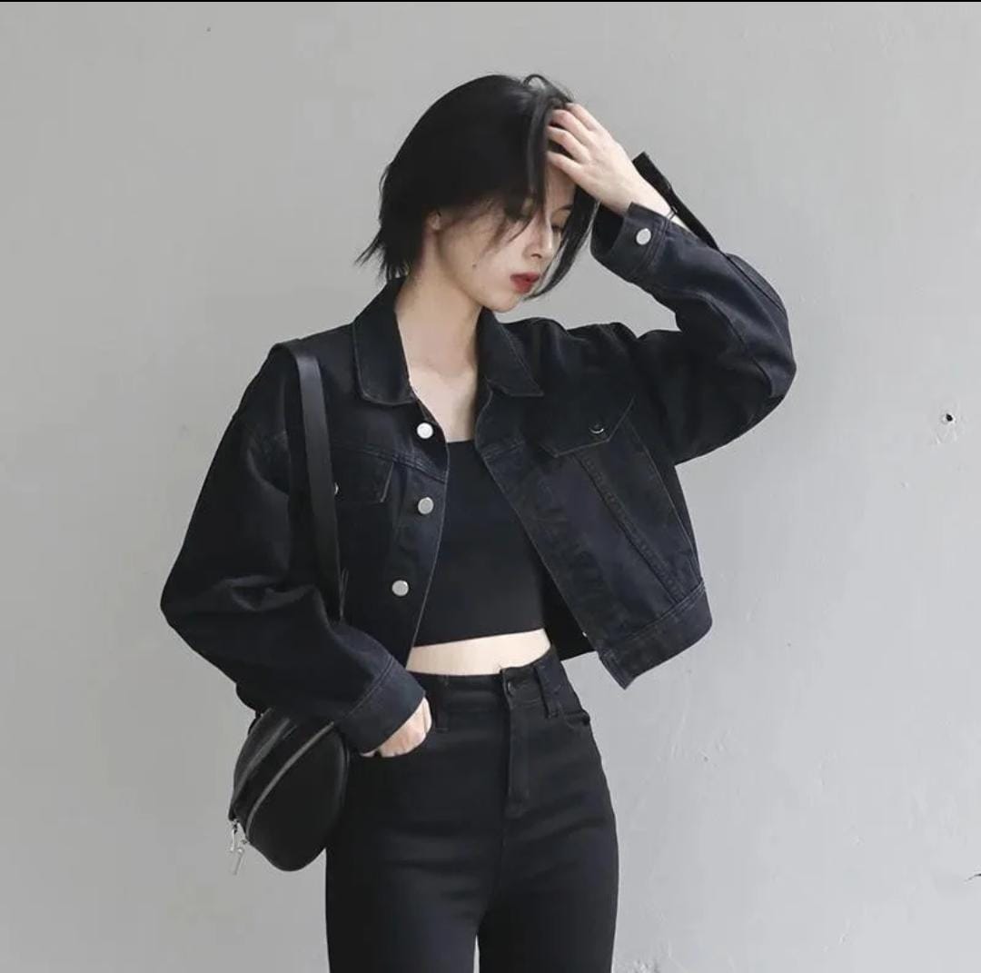 Black Cropped Fit Denim Jacket for Women Premium Stretch Fabric Button Up Casual Wear