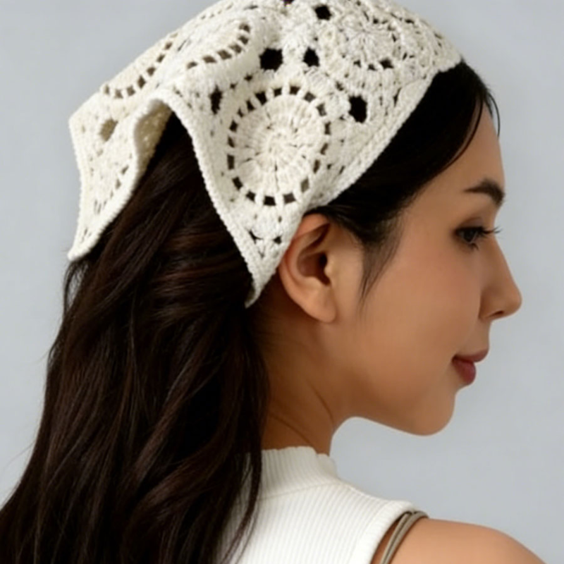 Women Crochet Triangle Head Scarf Handmade Lace Head Wrap Japanese Style Knitted Hollow Out Sweet Rural Style Hair Accessories bandana for girls
