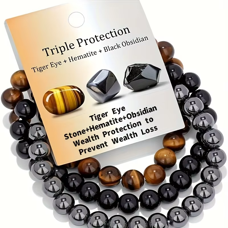 3 Pcs/Set Bohemian Gemstone Bracelet Women Men Wealth & Love Tiger Eye Black Obsidian Hematite Bead Bracelet Lucky Success 