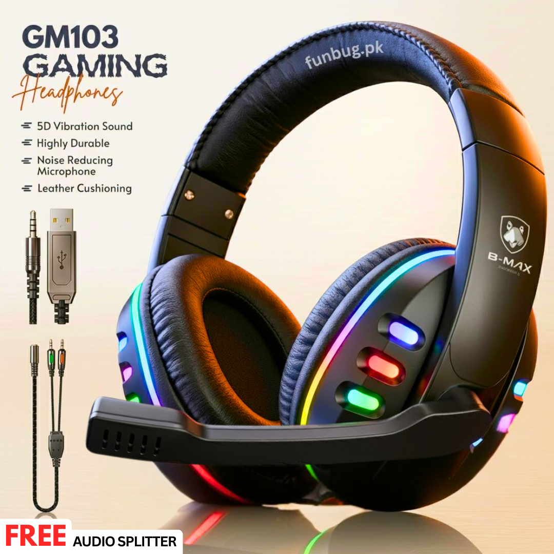 GM103 Gaming Headphones - Over-Ear Stereo Sound Rgb Headset with 360Â° Adjustable Noise Reducing Microphone for PC, Laptop, Mobile, PS4, Xbox - 3.5mm Wired Plug - Red & Black - By FunBug