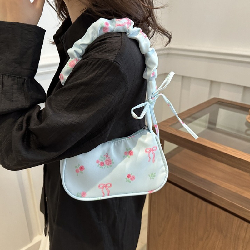 Fashion Sweet Floral Tote Bag with Ruched Strap Bow Detail Underarm Bag Soft Fabric Shoulder Purse for Women Daily Handbag Use