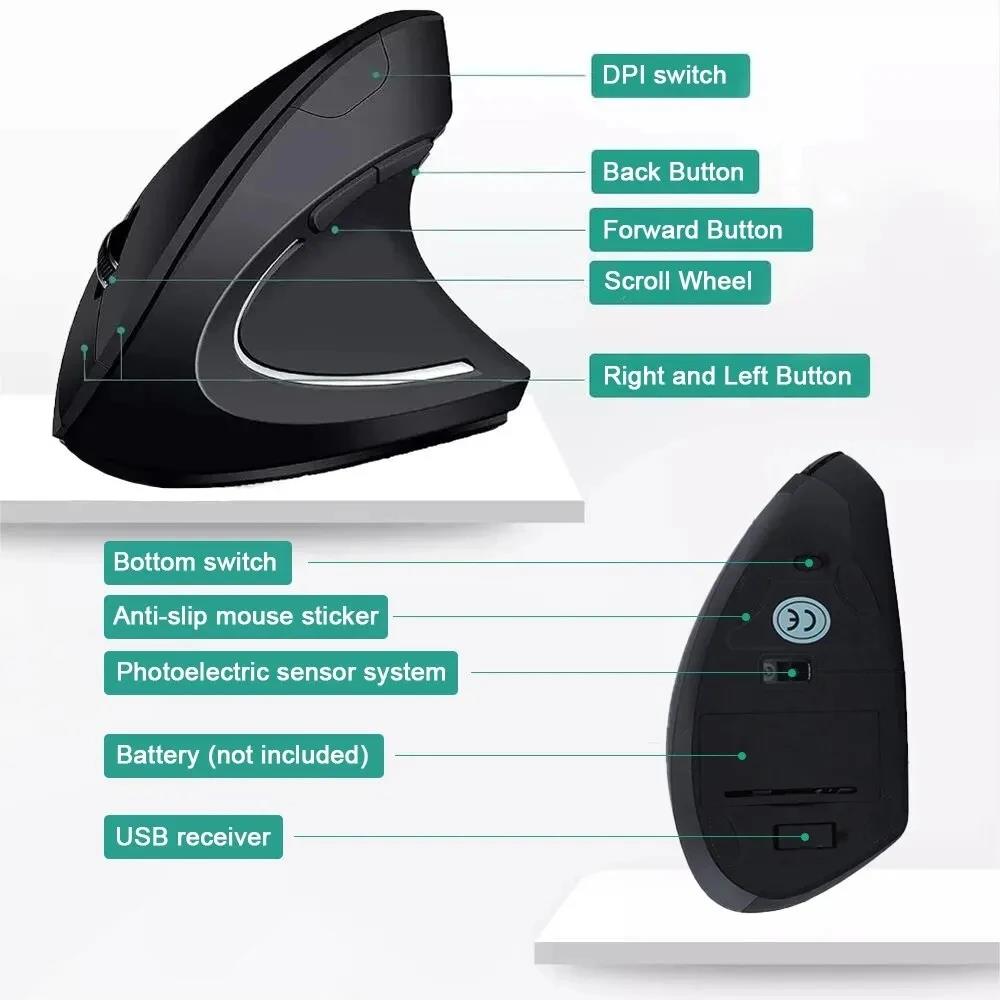 Wireless Bluetooth Vertical Mouse 800 1200 1600 DPI 6 Button Personalised Side Grip Ergonomic 2.4G Mute Gaming PC Computer Mouse
