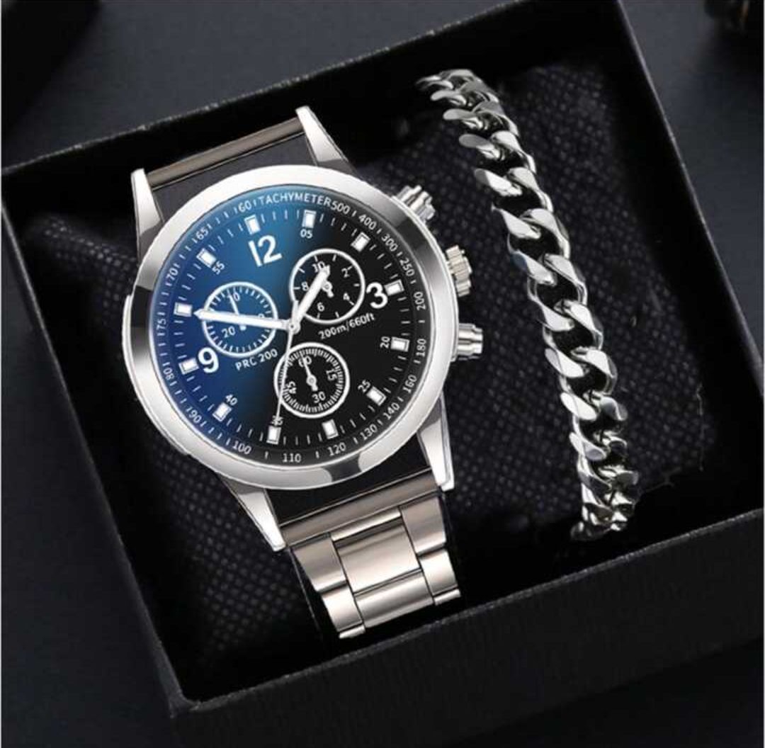 2pcs/set Hot Deal Watch With Chain Braclet For Men And Boys Fashion Most Demanded Silver Stainless steel Round Dial With Stainless steel straps Quartz Watch with Stainless steel Chain Braclet For Men And Boys