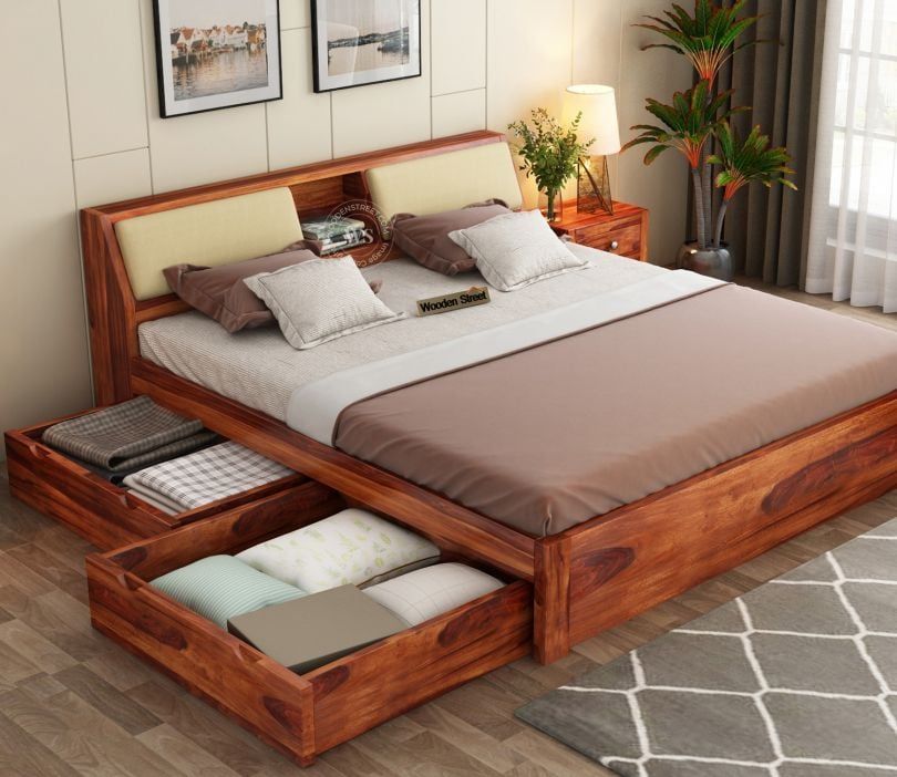 Walken Sheesham Wood Bed with One Sided Under Drawer Storage(King Size, Honey Finish)