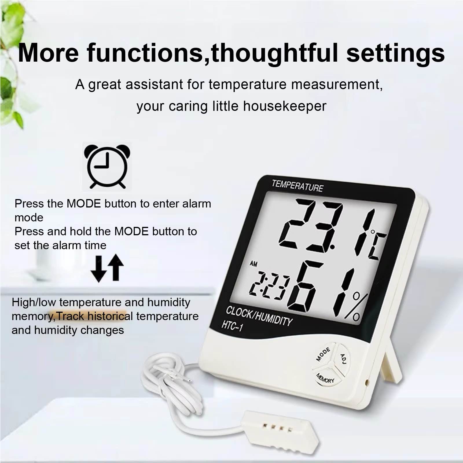 HTC-1 Digital Temperature & Humidity Meter | LCD Thermometer Hygrometer | Indoor Room Temperature Monitor | Clock, Alarm & Calendar Display
