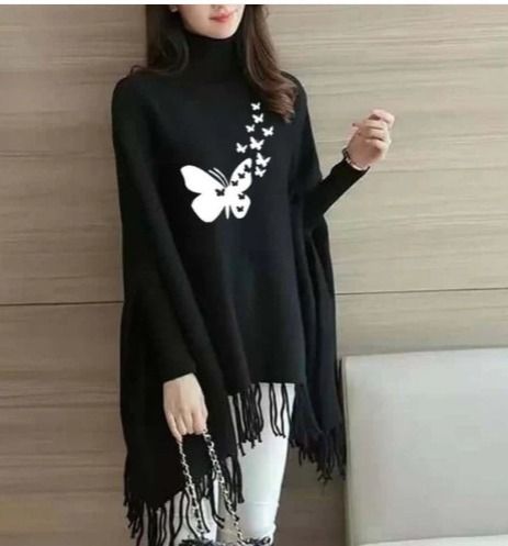 Butterfly Printed Bat Wing Style Winter Poncho For Women