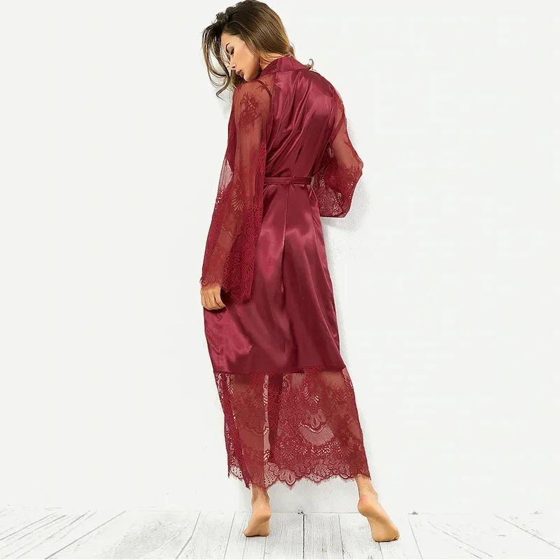 Sleepwear Women's Bathrobe  Lingerie Lace Satin Kimono Sleep Long Dress Robes Pajamas Nightgown night dress for girls