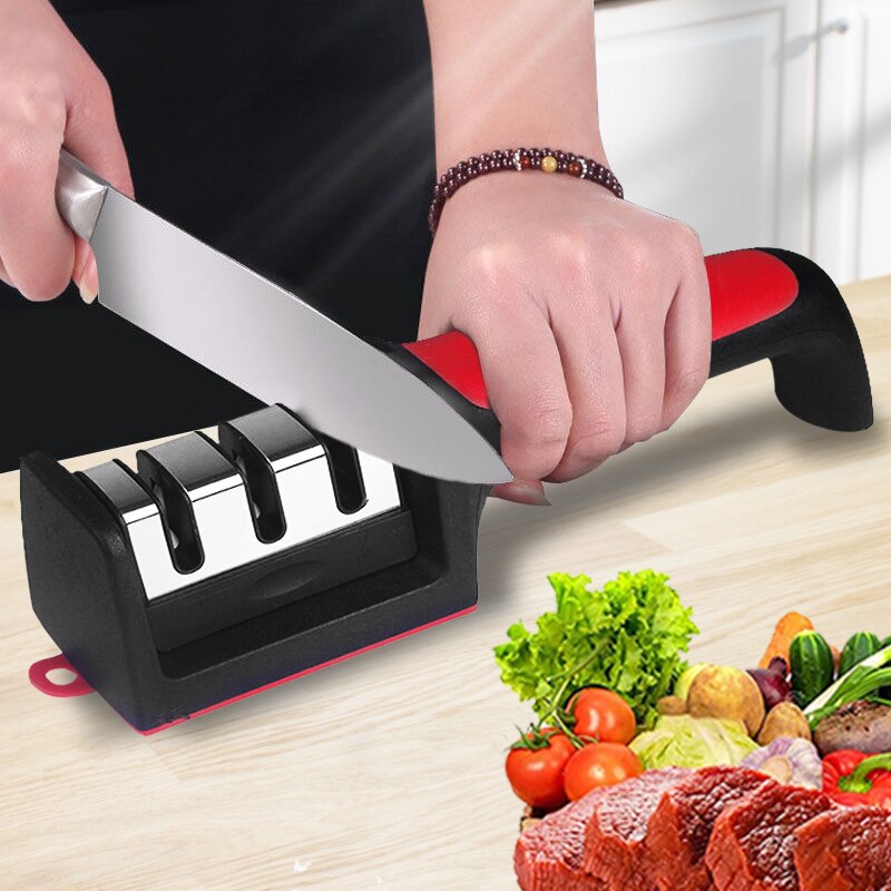 Knife Sharpener Handheld Multi-function 3 Stages Type Quick Sharpening Tool  With Non-slip Base Kitchen Knives Accessories Gadget