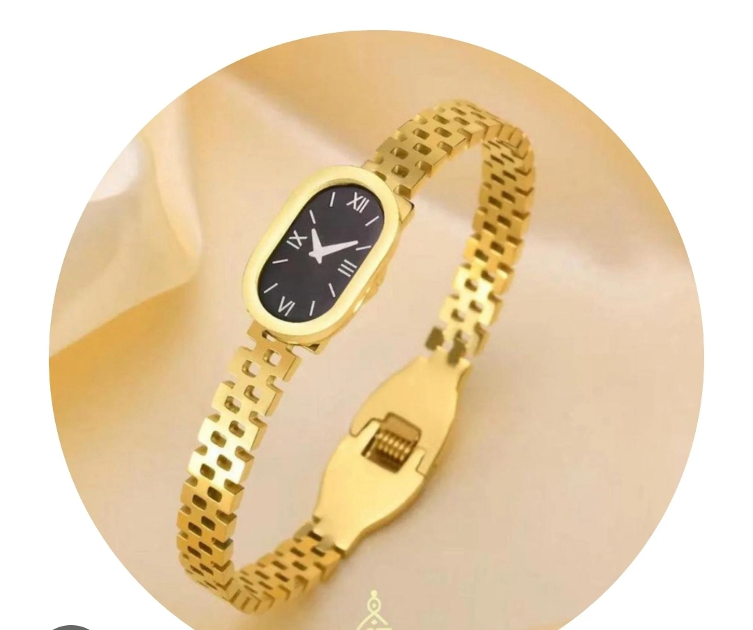Trendy Elegant Golden Fake Watch Style Bracelet for Women – Luxury Minimal Oval Dial Wristwatch | Adjustable Chain Strap | Waterproof Quartz Movement | Stylish Ladies Dress Watch for Casual & Formal Wear | Perfect Gift for Girls & Women