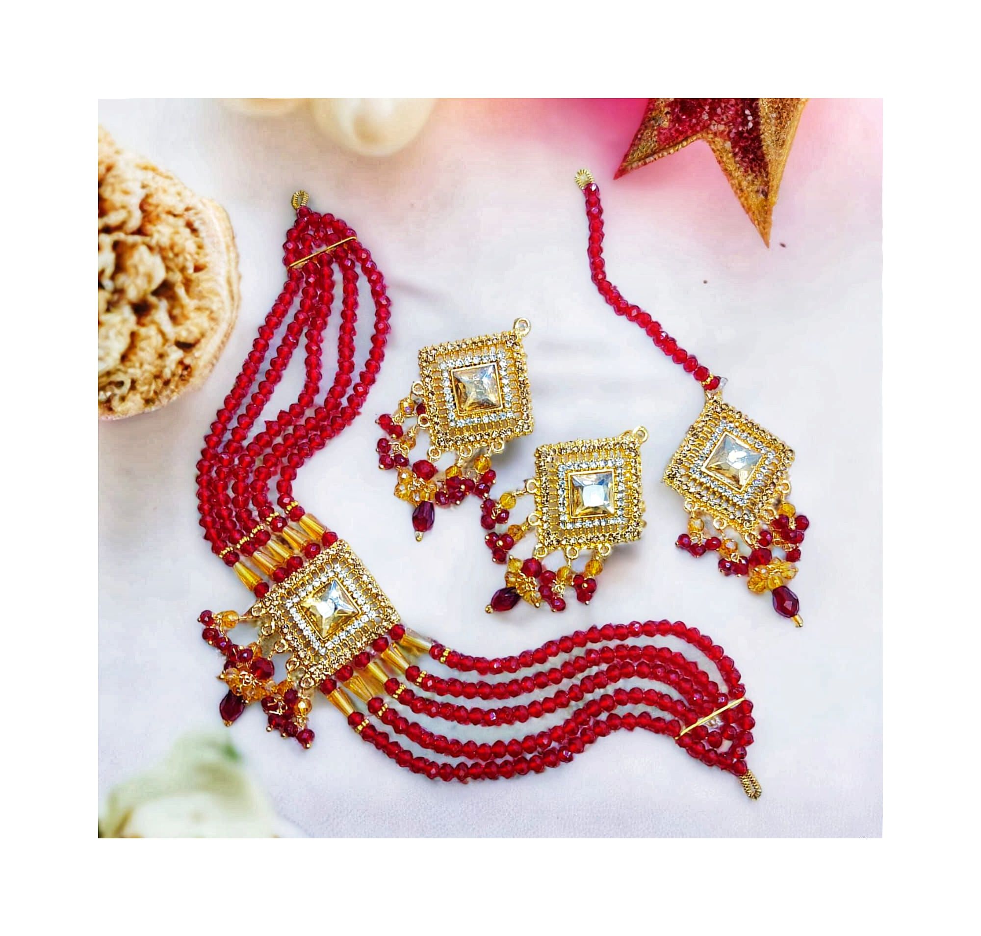 new fancy pearl choker patti set with earrings and tika for girls and