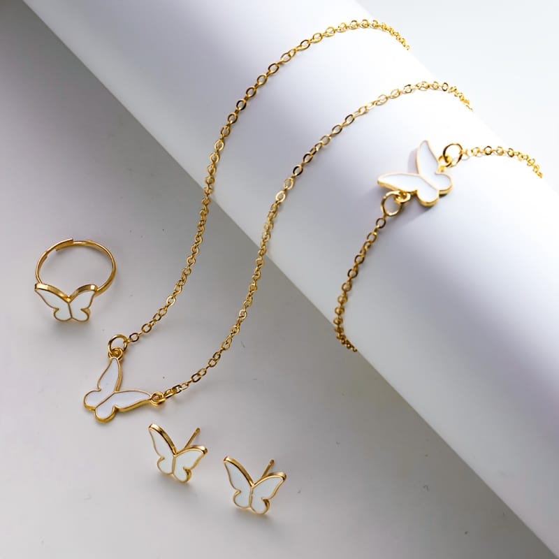 Butterfly Jewelry Set for Girls & Women – Necklace, Bracelet, Ring & Earrings | Gold Tone | Stylish Gift Set