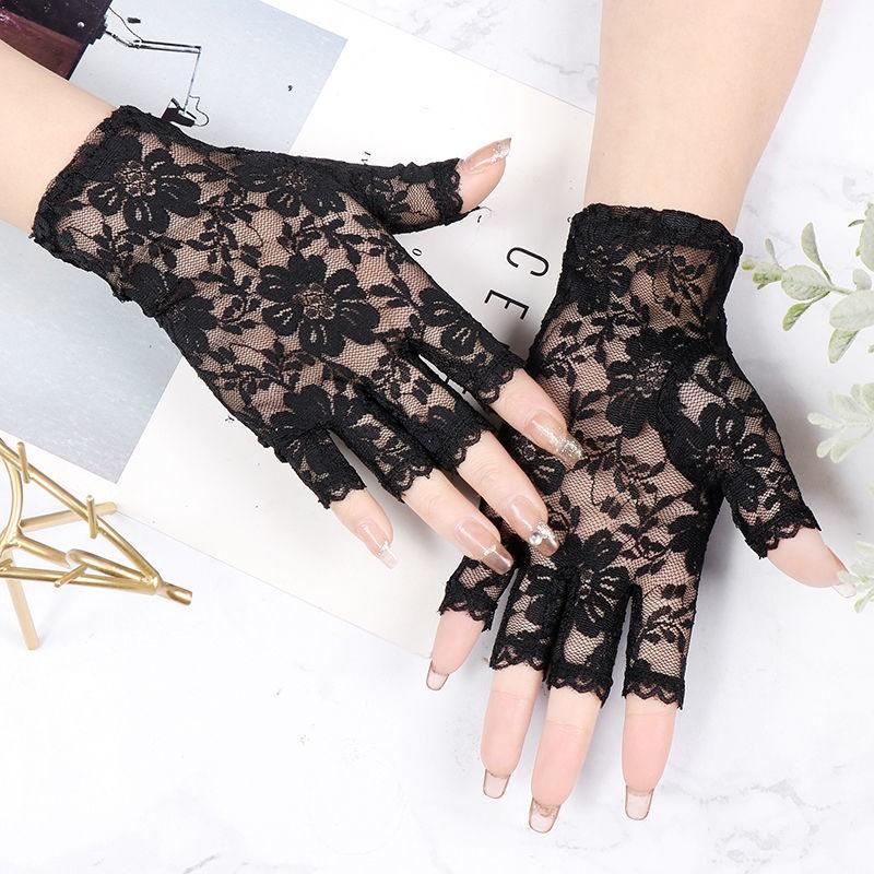 Black Fingerless  Lace Gloves Women Sun Protection Gloves Women Driving Mittens For Bride Ladies Half Finger Fishnet Gloves