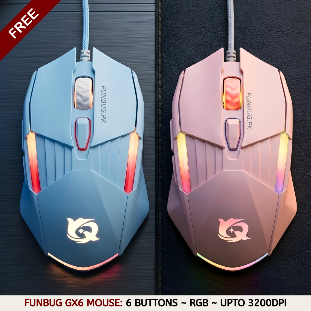 【6 Buttons】 FunBug GX6 Matte RGB Wired Gaming Mouse  6 Buttons, Silent Clicks, 3200 DPI Adjustable, 1.5M Fiber Wire, Aesthetic Ergonomic Mouse for Laptop & PC + FREE MOUSEPAD - (Sky Blue / Rose Gold)