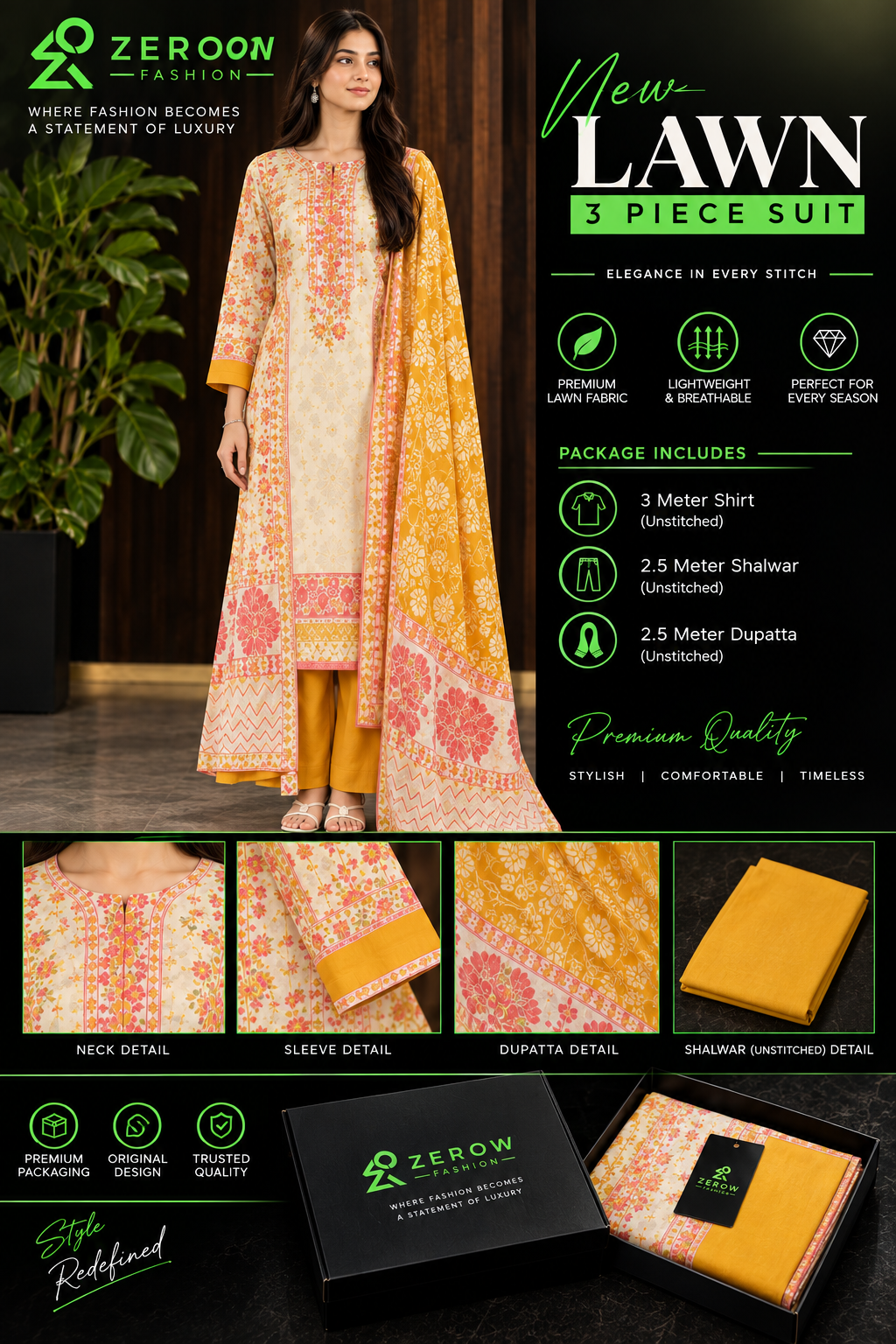 Premium Lawn 3-Piece Unstitched Suit – Floral Print