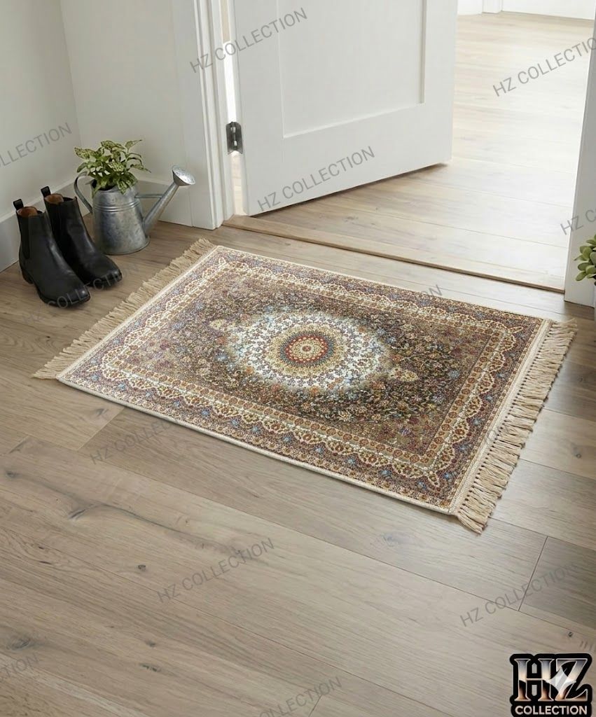 Elegant Floral/Geometric Poly-Cotton Rug - 1 Piece Traditional Design, Hand-Knotted Patterned Prayer Mat