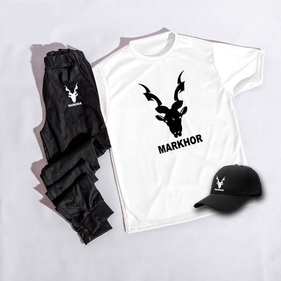 White Markhor Printed T-Shirt, Cap and Trousers Tracksuit for Men