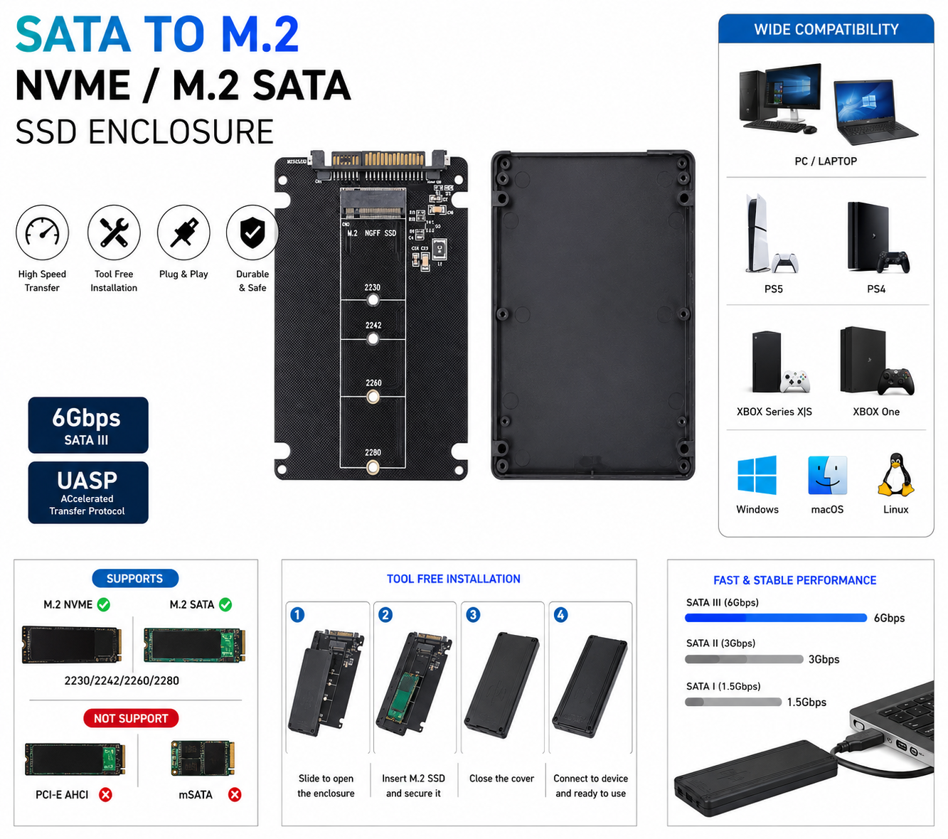 Sata to M SATA SSD Enclosure Case USB External Adapter for PC Laptop PS5 PS4 Xbox Storage Expansion