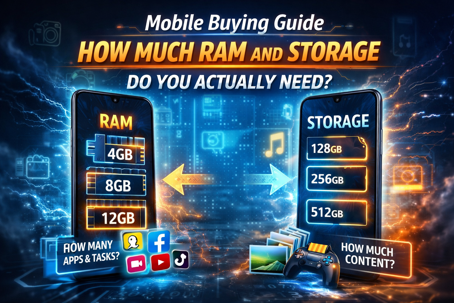 Mobile buying guide infographic showing RAM and storage comparison for basic, average and heavy smartphone users
