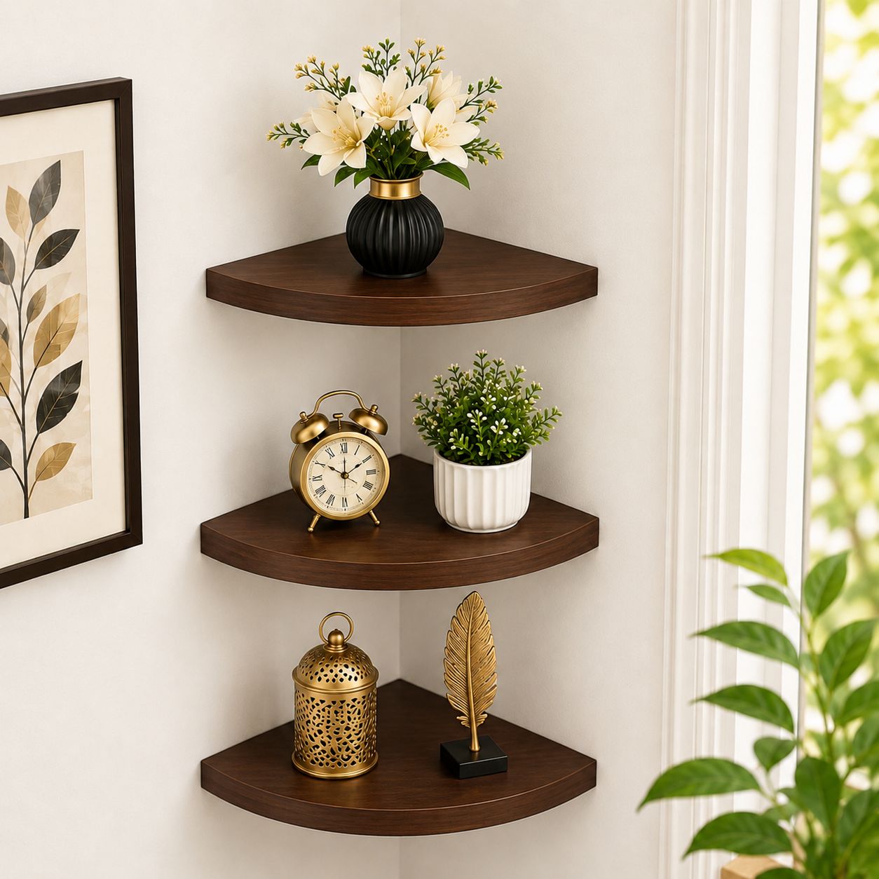 3-Tier Wooden Corner Wall Shelf | Floating Display Rack | Home & Office Decor |