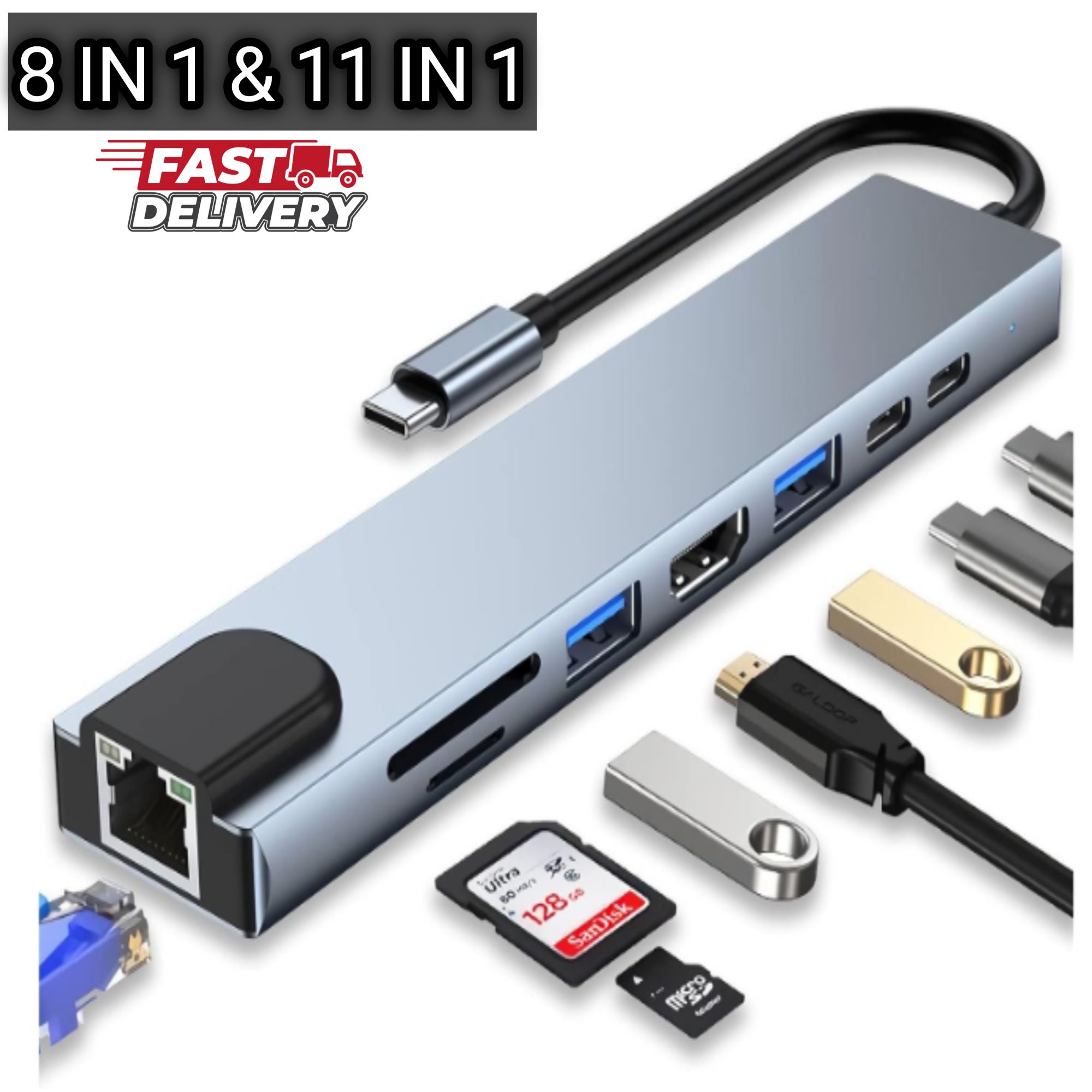 USB-C Multiport Hub Adapter (8-in-1 / 11-in-1) | 4K HDMI, Gigabit Ethernet, 100W PD, SD/TF Reader for  PC & Laptop