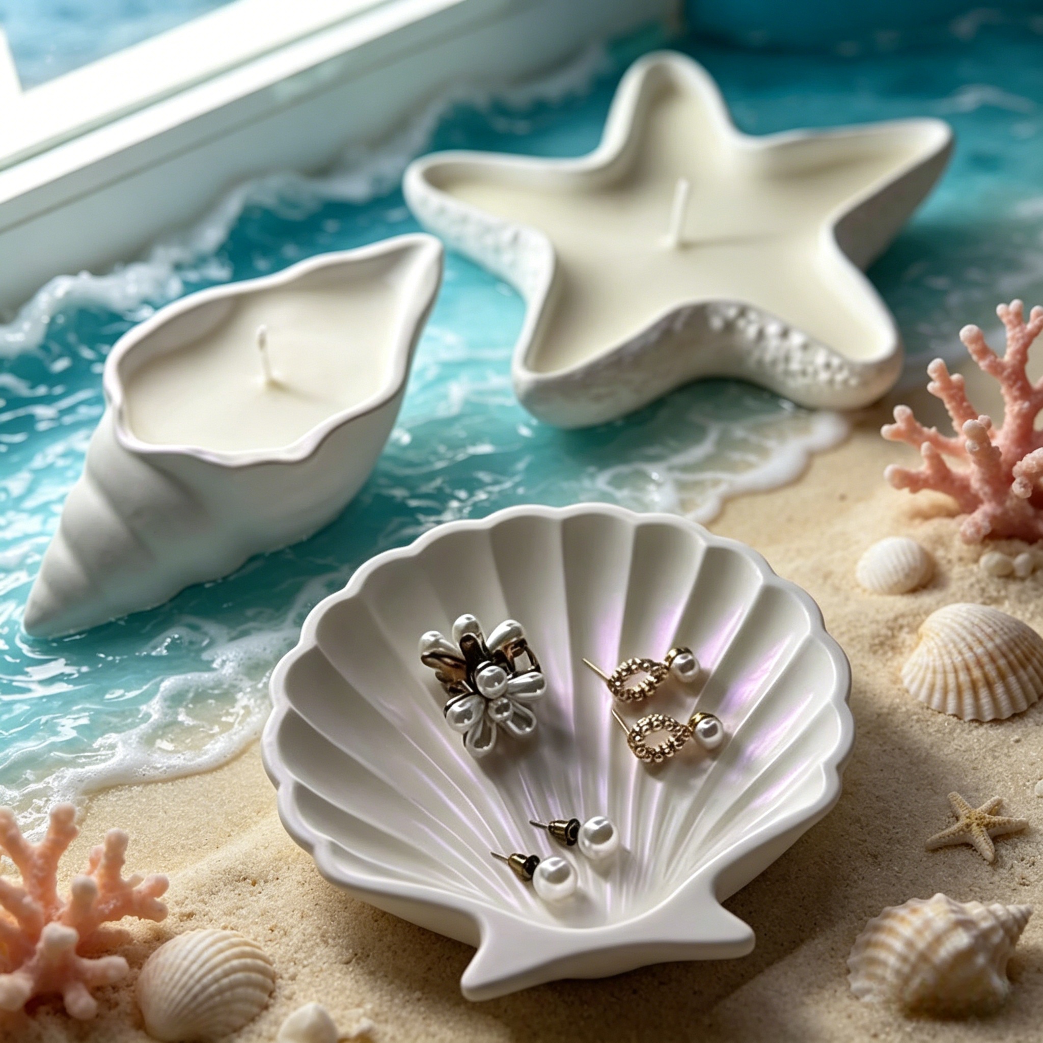 3pcs Ocean Series Silicone Molds, Starfish Conch Shell Trays Resin Molds Diy Crafts, Gypsum, Concrete, Candle Holder Molds