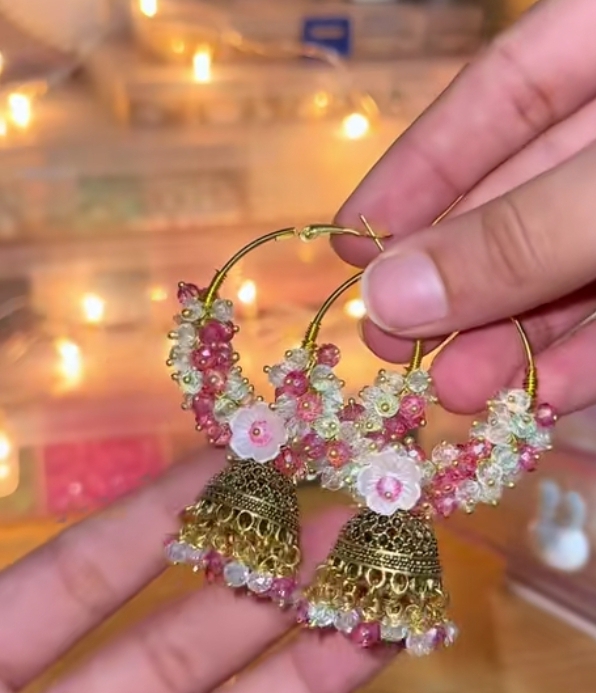 Hoop Earrings with Jhumka | Handcrafted Crystal Flower Jewelry`