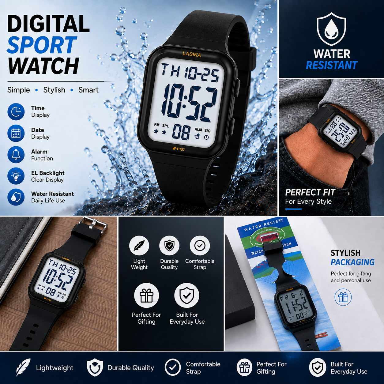 LASIKA-W157 Men's Digital Sports Watch Electronic Waterproof Wrist Watches for Men with Stopwatch Alarm 157