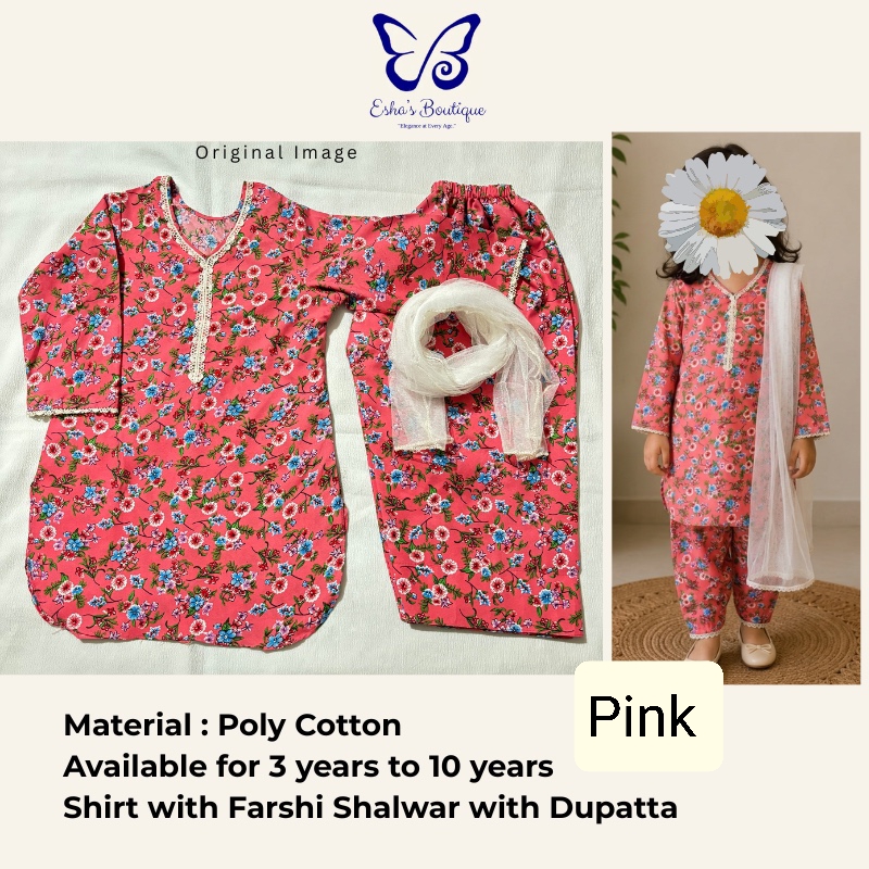 Teenage Girls Summer Poly-Cotton Suit – Modern Stitched 2PC Shirt & Trouser – Wrinkle-Free Daily Wear – Trendy Flower Collection for Teens [Length: 24 to 34 Inches]