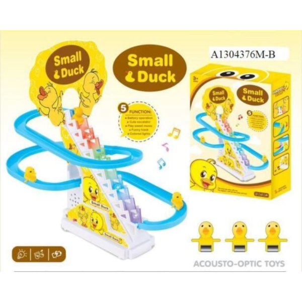 Small Duck Slide Toy,Electric Duck Climbing Stairs Tracks Slide Toy Set,Duck Roller Coaster Toy with Flashing Lights & Music On/Off Button