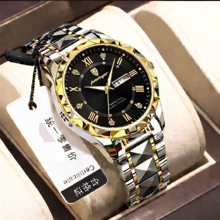100% Premium Luxury Men's / Bayes Watch  Night Glow Double Calendar Quartz Golden Stainless Steel Fashion Business Watch