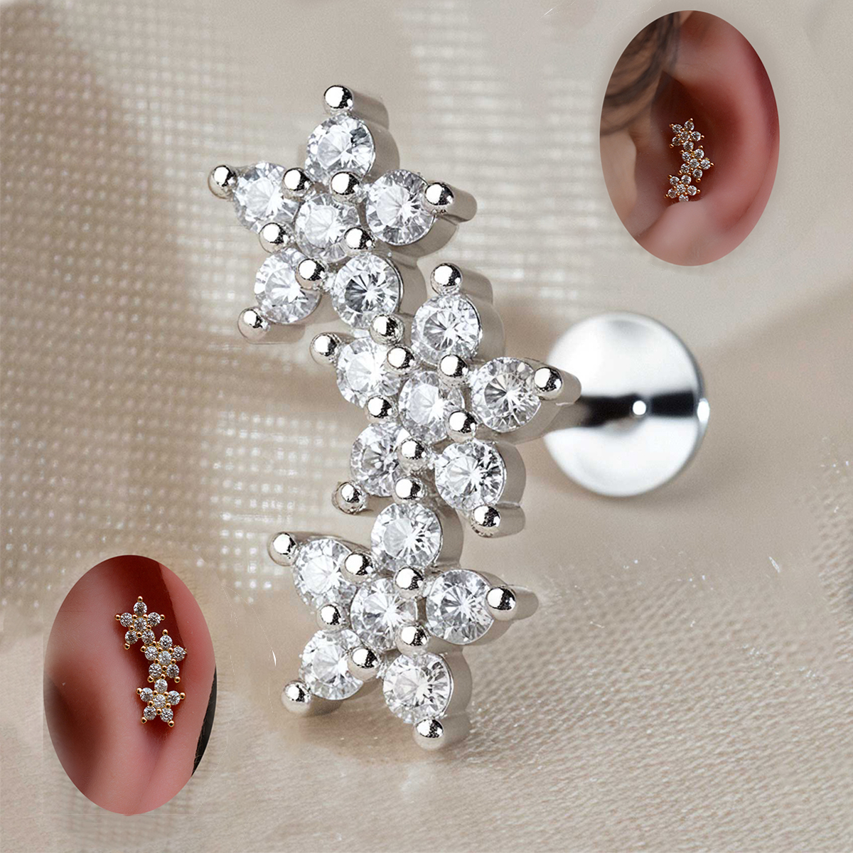 1PC 316 Stainless Steel Flower Tragus Helix Studs Earrings Women Mini Cubic Zircon  Cartilage Conch Flat Piercings Fine Jewelry