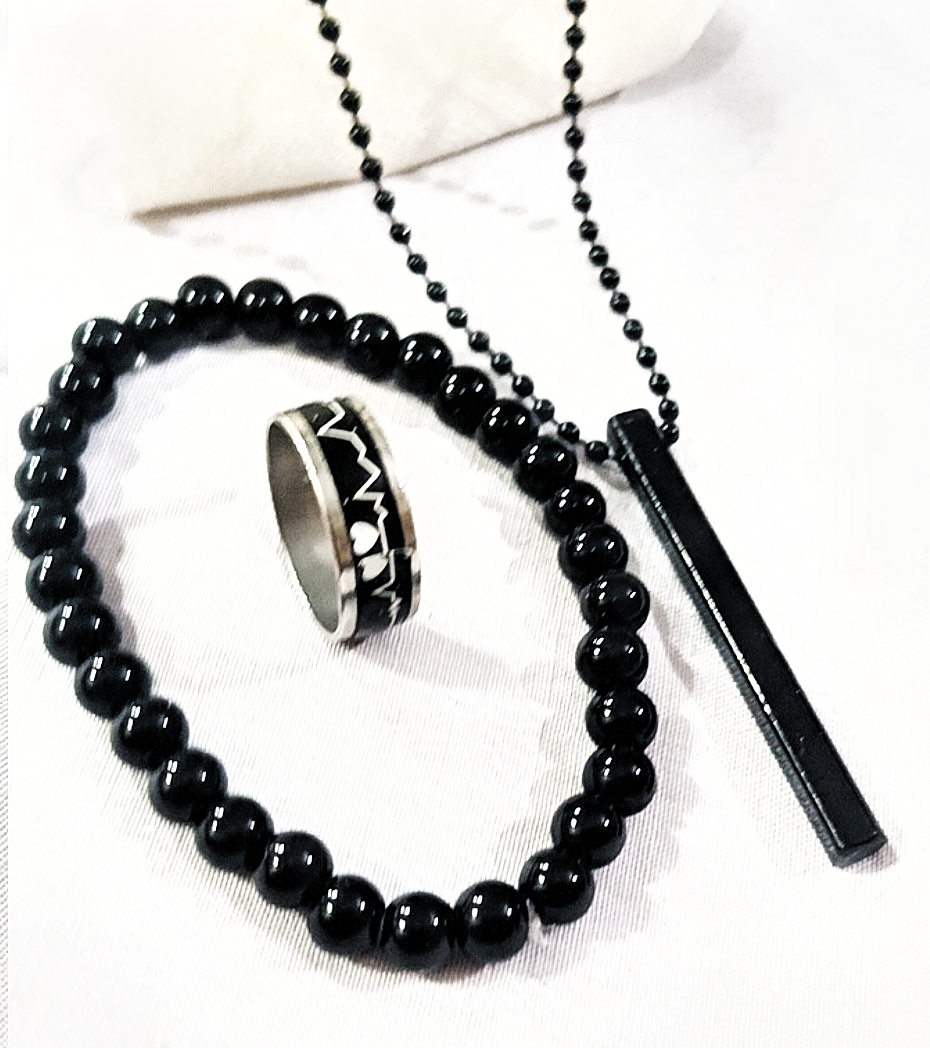 3pcs/Amazing Black Stainless steel Locket Deal -Top Fashion High Quality 3D Bar Stick Locket +heart Beat Random Size Ring +Cuban Link Chain Braclet For Men/Women-Trendy Jewelry set For Boys and Girls