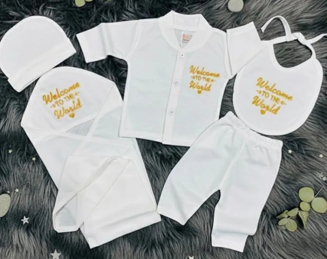 Newborn Baby Baba WELCOME TO THE WORLD STARTER Set 5 pice clothes for boys and girls 5 in 1 pice ,Trending newborn baby high quality stuff by little Wardrobe