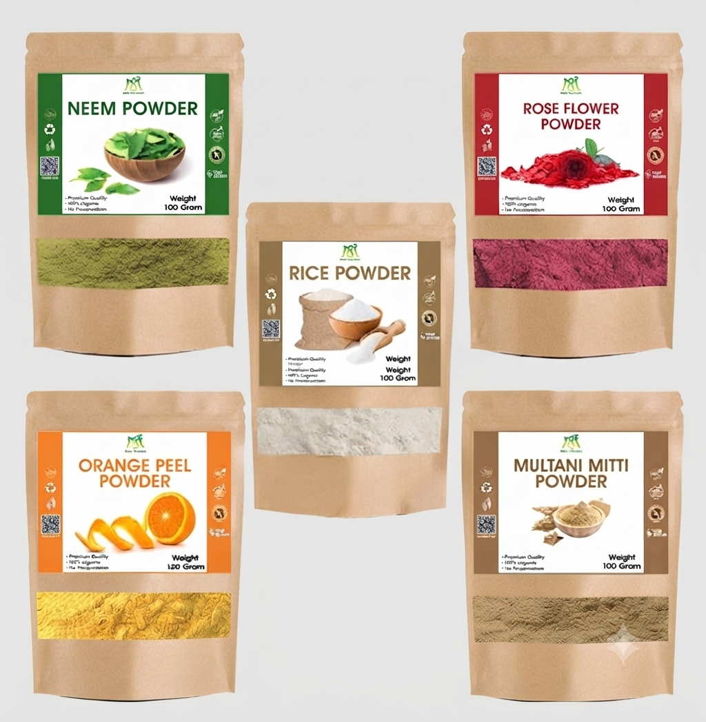 Skin Care Powder Pack of 5 | Orange Peel, Neem, Rose, Multani Mitti & Rice Powder