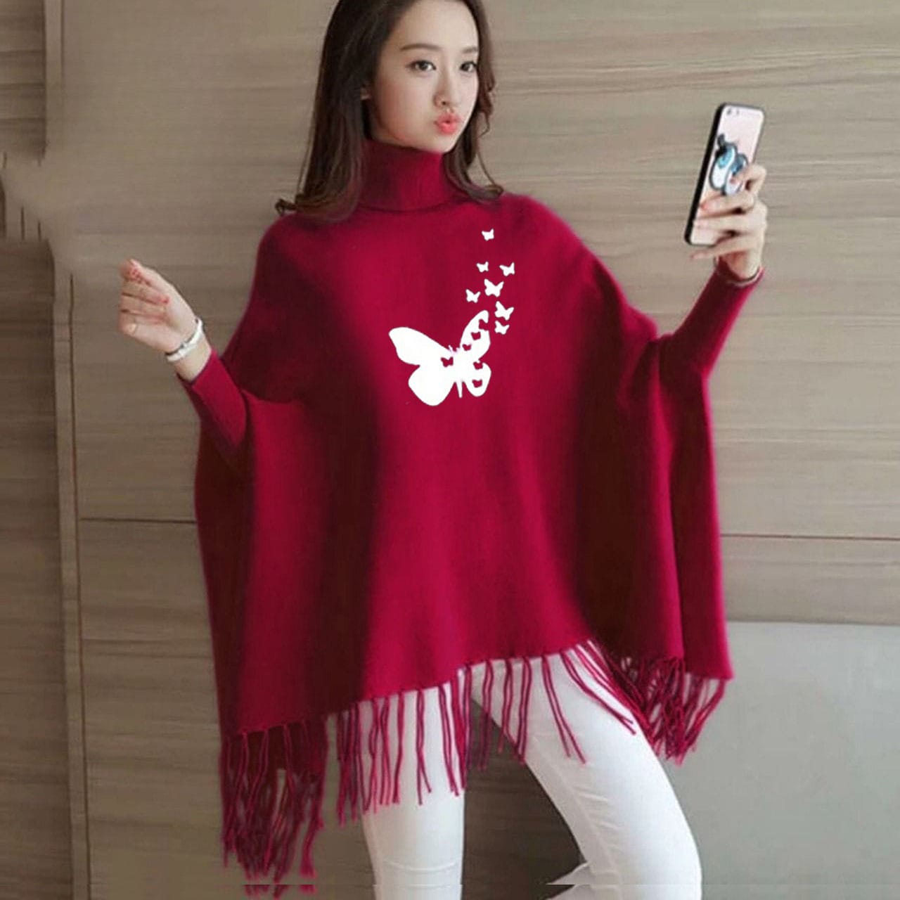 Butterfly Printed Bat Wing Style Winter Poncho For Women
