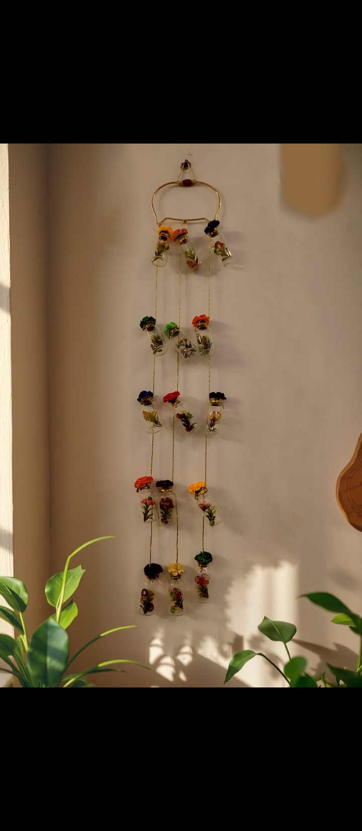 Hanging Crystal Glass Bottles with Jute Rope and Artificial Plants – Home Wall Decor