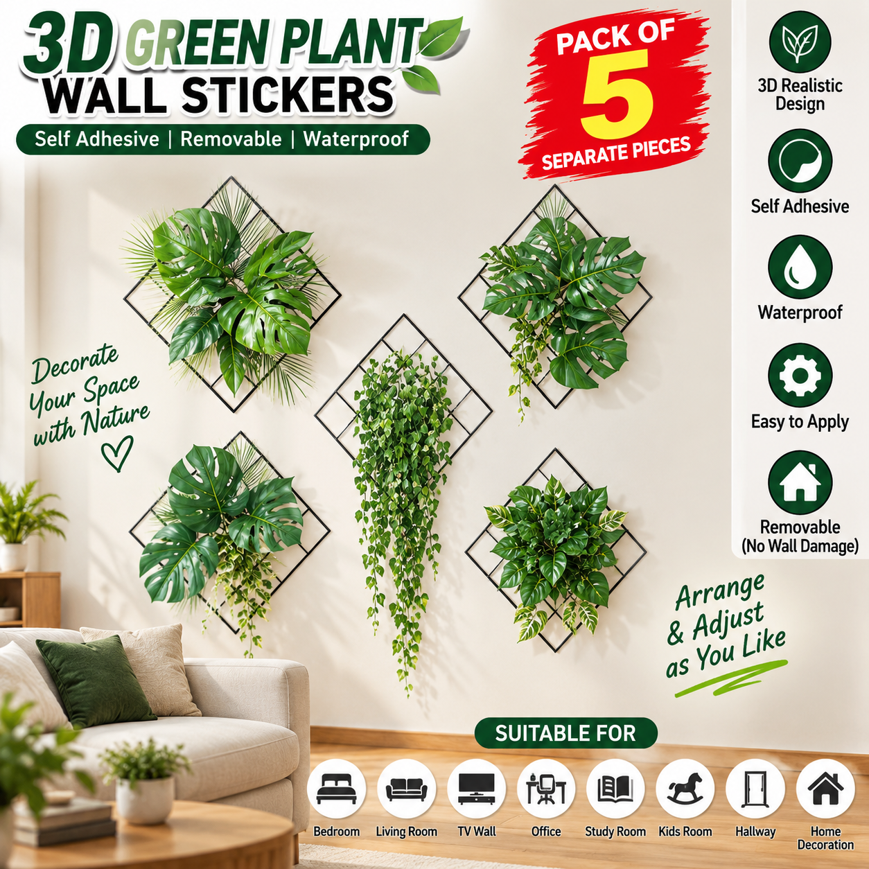 3D Green Plant Wall Stickers Pack of 5 | 5 Separate Pieces with Adjustable Layout | Artificial Leaf Wall Decor for Bedroom, Living Room & Office