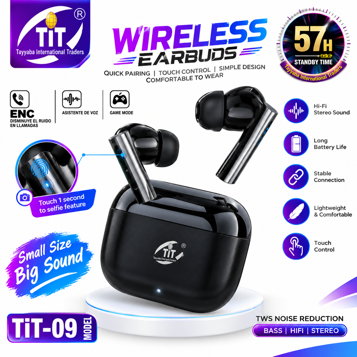 TIT-09 Wireless Bluetooth Earbuds | Touch Control, Deep Bass, ENC Noise Reduction, Gaming Mode, Charging Case & Type-C Charging