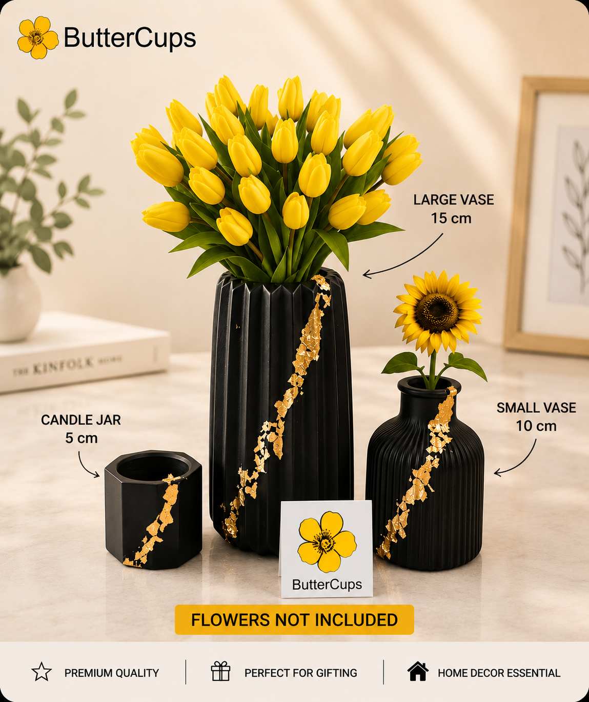 Luxurious Handmade Concrete Vase Set - 3 Piece matte black with Gold Leaves Accented Decorative Vases for Home Decor & Flower Arrangements