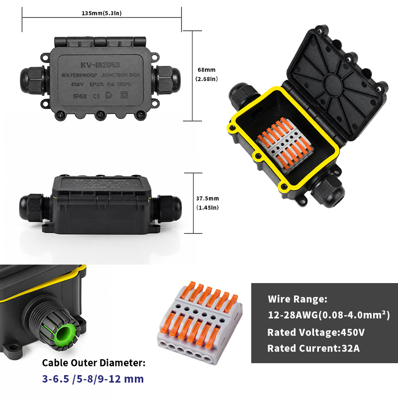 IP68 Waterproof Junction Box 2-8 Way 6 Pole Electrical Wire Connector 32A 450V 0.08-4.0mm² Cable Splice for Outdoor Lighting